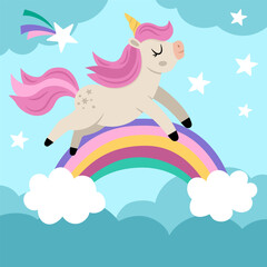 Obraz na płótnie Canvas Vector square background with unicorn running above the rainbow under night sky. Magic or fantasy world scene. Fairytale landscape for card, post, book. Cute horse illustration for kids .