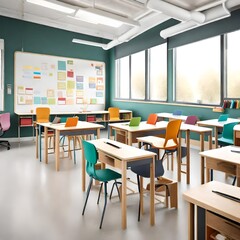 Inviting classroom space with natural light, sleek desks, a clean blackboard, and backpacks in playful shades