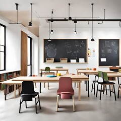 Inviting educational space with a minimalist blackboard, sleek desks, and backpacks adding a playful touch