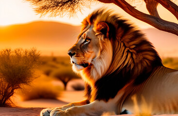 A lion lies in the savannah under a tree, setting sun, sunset