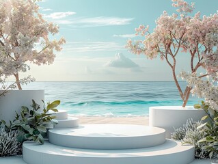 Fototapeta na wymiar Seaside Serenity: Elegant Product Display Podium Framed by Rocky Cliffs and Ocean View - 3D Render for Luxury Goods Showcase