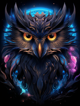 T-shirt design, a gigantic owl, fantasy, glowing eyes, electric dreamscape style, octane rendered created with Generative Ai