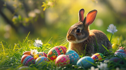 Fototapeta na wymiar Easter Bunny With Colorful Eggs