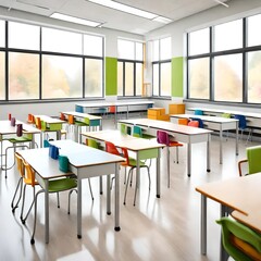 Modern elementary school classroom with natural light, clean white desks, and backpacks in assorted lively colors