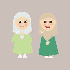 Muslim kid, little girl ramadan cartoon vector illustration. Cute female child in traditional clothes. Happy and smiling children character in hijab. Muslim girl in different action