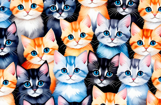 Сute watercolor background with cat heads, colorful cats,