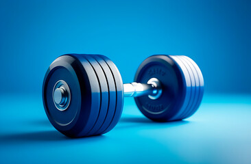 Metal dumbbell on a blue background, minimalistic concept, sport healthy living - obrazy, fototapety, plakaty