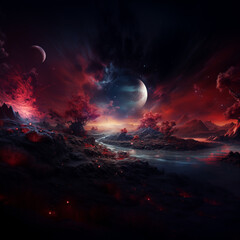 Fototapeta na wymiar Cosmic Twilight: A Surreal Landscape at the Edge of Night