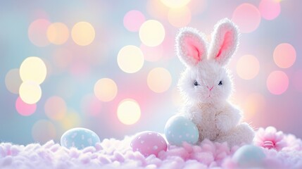 Naklejka na ściany i meble Easter Rabbit and Eggs Concept. A lovely bunny character holding an Easter egg is displayed against a soft pastel bokeh background, giving a playful touch to the scene.