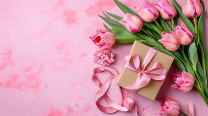 Mother's Day or Valentine Romantic Concept. Top View Photo Gift Box with Ribbon Bouquet of Tulips on Pink Background with Copy Space | TAGS: Still life, floral photography, romantic, Mother's Day, Val