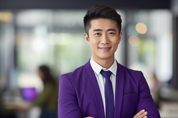 Fototapeta premium happy businessman ceo, asian man, standing in office arms crossed, in purple jacket and tie