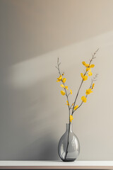 Glass vase with plants and yellow flowers on simple gray wall 