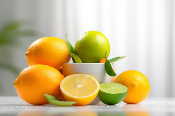 Various citrus fruits on kitchen table on white