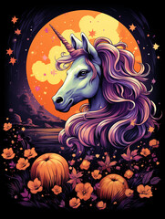 T-shirt design, cartoon unicorn with pumpkins on ground and moon stars in sky, vivid colors of orange and purple created with Generative Ai