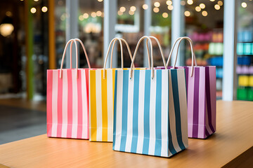 Striped gift bags in the shopping mall. Shopping concept - obrazy, fototapety, plakaty