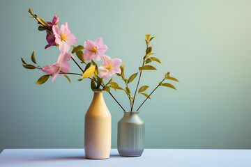 Vases with plants and flowers on green wall 