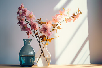 Vases with flowers on the white wall with sun rays and shadows.
