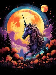 Obraz na płótnie Canvas T-shirt design, cartoon unicorn with pumpkins on ground and moon stars in sky, vivid colors of orange and purple created with Generative Ai
