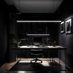 Stylish and minimalist home office interior in an ultramodern brutal apartment, dark color scheme, and ambient LED lights
