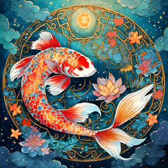Celestial Pisces Zodiac Koi Fish - obrazy, fototapety, plakaty