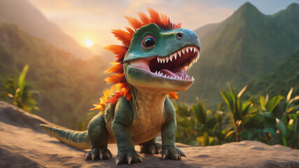 Fototapeta premium an adorable and baby dinosaur with big color eyes, roaring on the top of a mountain with jungle in the background, with soft feathers, sunset Beautiful , with blur background, high quality, 8k