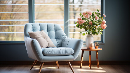 Light blue stylish furniture, armchair or couch with decorative pillow, home style