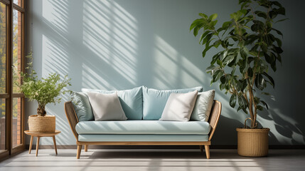 Fototapeta na wymiar Light blue stylish furniture, armchair or couch with decorative pillow, home style