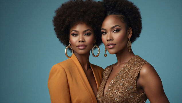 Two beautiful and elegant afro-haired black women, looking at camera over blue background. Fashion, style, trend concepts.