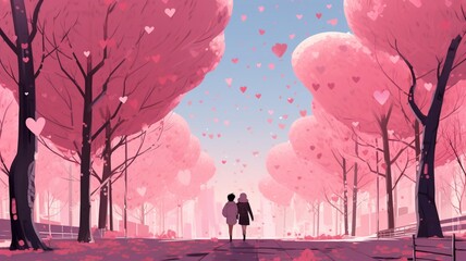 Cherry blossom anime under romantic couple pink illustration