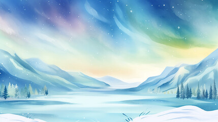 Fototapeta na wymiar Northern Lights dancing above tranquil, Snowy landscape in Iceland cartoon drawing, AI Generated