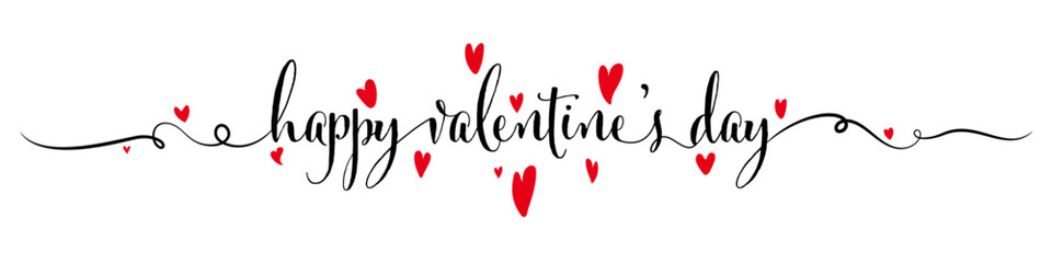 Happy Valentine's Day banner with handwritten lettering and hand-drawn red heart icons. Valentine's Day calligraphy