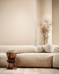 Modern white interior design of living room with white sofa and empty wall background. 3D Rendering, 3D Illustration