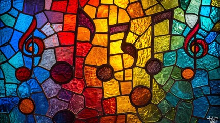 Stained glass window background with colorful Music note abstract.