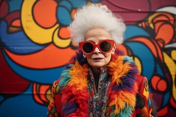 Fashionable elderly woman in sunglasses and fur coat on graffiti wall background