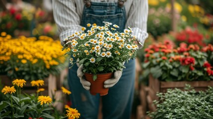 Gardener Holding a Flowerpot with Blooming Flowers