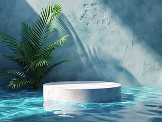 Fototapeta na wymiar Tranquil Dawn: Marble Podium with Water Reflection and Tropical Foliage - 3D Render for Luxury Product Showcase