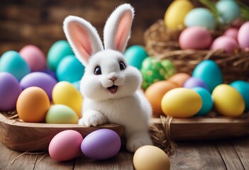 Happy Easter Bunny with many colorful easter eggs