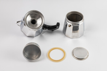Classic aluminium metallic coffee pot with some parts