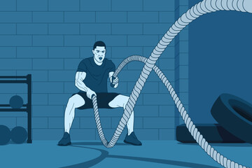 Muscular man doing rope crossfit training exercises. Colored vector illustration. Athlete male training in the gym. Active bodybuilder guy workout. Sport, health and wellness concept.