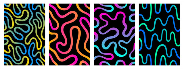 Twisted lines, fluid, curved, wiggling stripes vector backgrounds set. Liquid chaotic ornaments, colorful gradient waves patterns collection. Doodle, uneven hand drawn wavy, organic winding lines