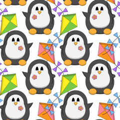 Seamless pattern with cute Penguin and kite