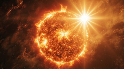 Step into the cosmic embrace of the sun with a 3D rendering, showcasing the large star that heats our planet, a celestial masterpiece captured with the brilliance of an HD camera.