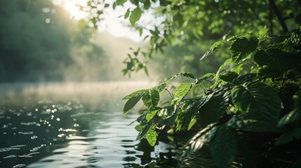Obraz na płótnie Canvas Step into the enchanting world of a 3D river landscape, featuring a detailed green leaf in the foreground and a misty background that enhances the ethereal and serene atmosphere.