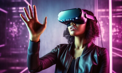 Beautiful young black woman wearing a VR headset
