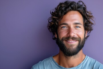 A handsome blue-eyed smiling man with a beard and tousled hair, blue T-shirt, against a purple background, copy space