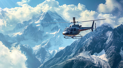 Fototapeta na wymiar A formidable helicopter with blades drawn against the background of the mountains, like a technolo