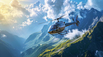 A helicopter, like a predatory bird, rushes along the mountains, striving for new horizons in heav