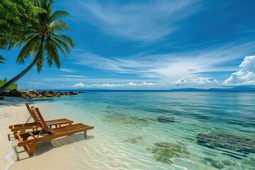 two sun loungers on the sandy shore of the azure sea on a tropical island .vacation and travel concept