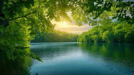 A photo of a beautiful lake is framed by the greenery of trees as if invites to a secluded place w
