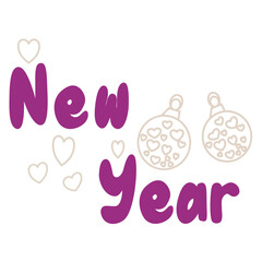 Handwriting lettering on retro style for card, t-shirts, posters, etc. Purple, beige, white. New year on square shape, hearts, balls. Vector design banner.